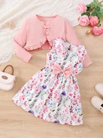 Ensemble de robes 2 pièces pour filles de 4 à 7 ans, pardessus tricoté solide + robe florale sans manches avec ceinture, vêtements de princesse de Style photographie 2