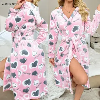 Soft Flannel Bathrobe Nightgown Long Ladies' Flannel Robe Home Clothes Autumn Winter Sleepwear Hooded Loungewear Pajamas