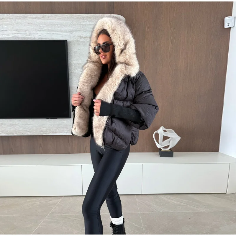 Oversized Faux Fur Hood Padded Jacket Women's Full Sleeve Zippers Loose Coats 2025 Autumn Winter Lady Thick Warm Outerwear