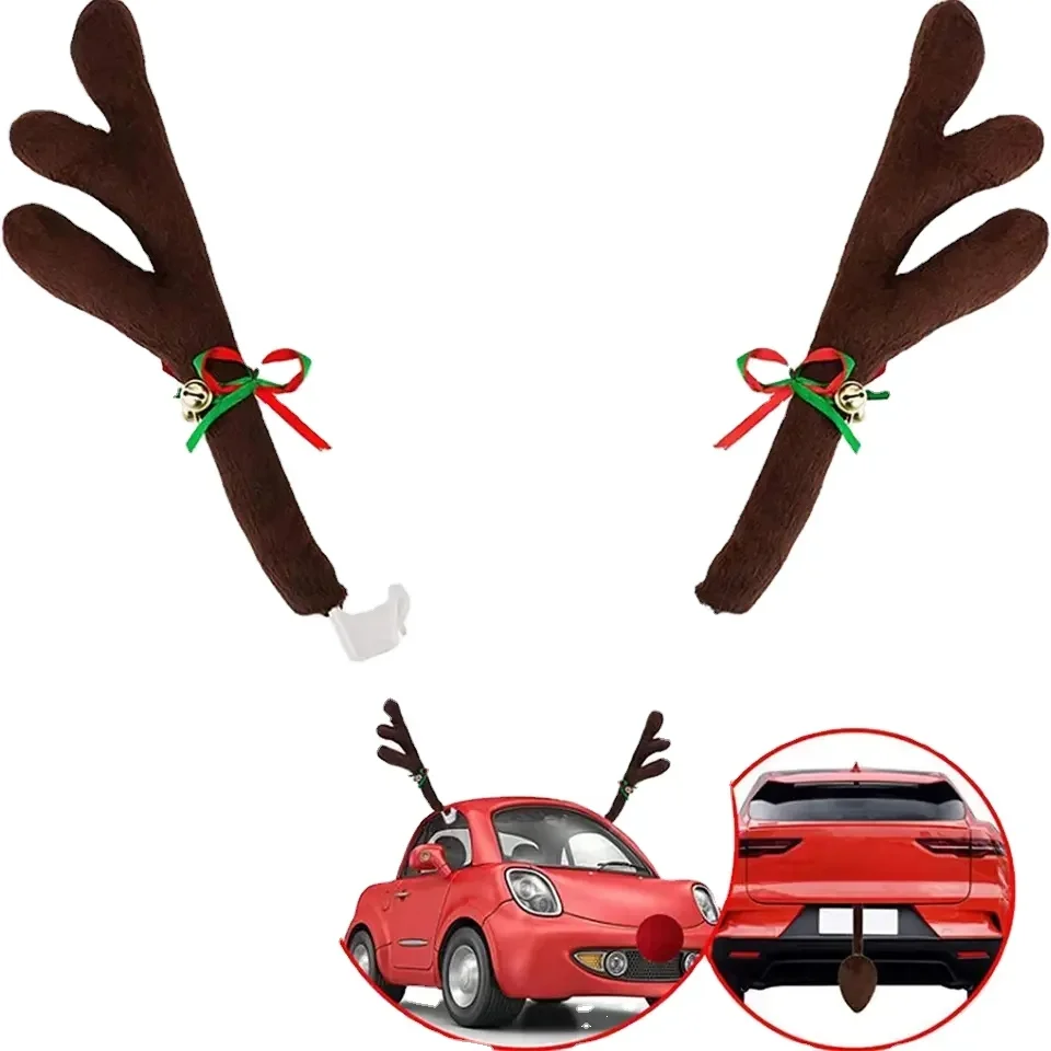 Christmas Car Decoration Deer Horn Antlers Car Kit with Red Nose and Tail for Holiday Gift Set Car Accessories Pendant 3