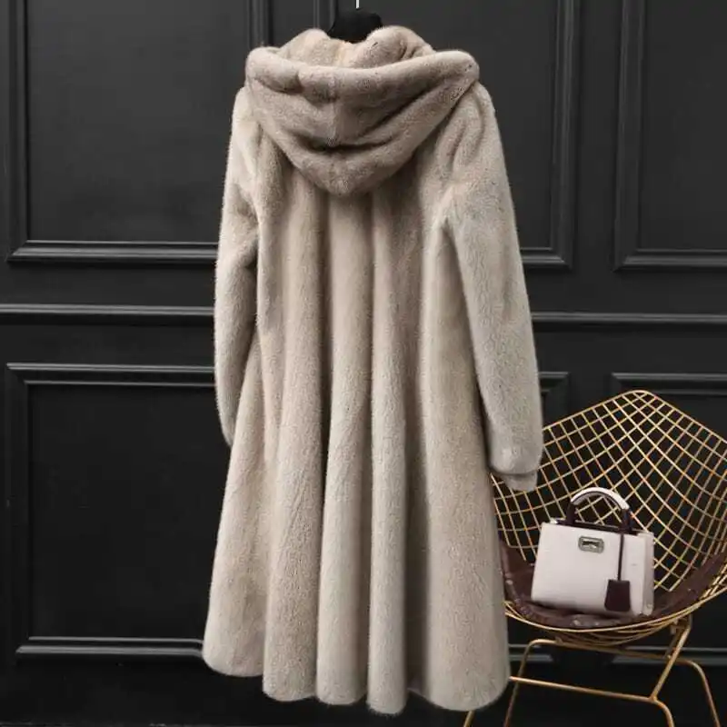 2023 New Imitation Mink Fur Coat Women Mid-length Fur Coat Whole Mink Winter with Hooded Female Mink Fur Mink