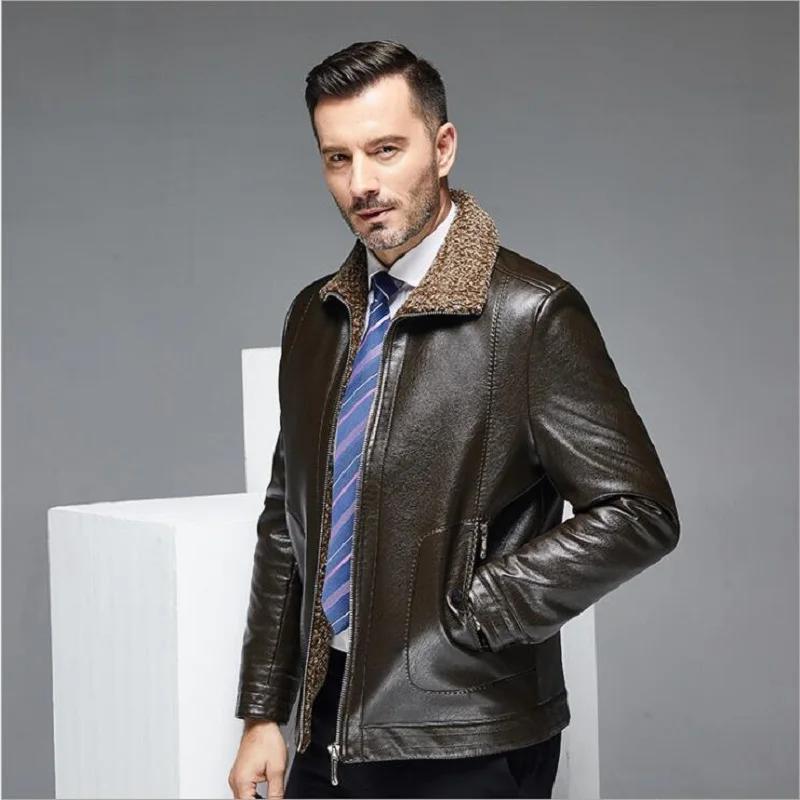 Autumn Winter Fashion Lapel Fur Collar men Leather jacket velvet thick fur Male middle-aged Clothing father casual leather Coat v neck diamond stripe printing plush thicken autumn winter father s clothes single breasted cardigan keep warm mature style 3xl