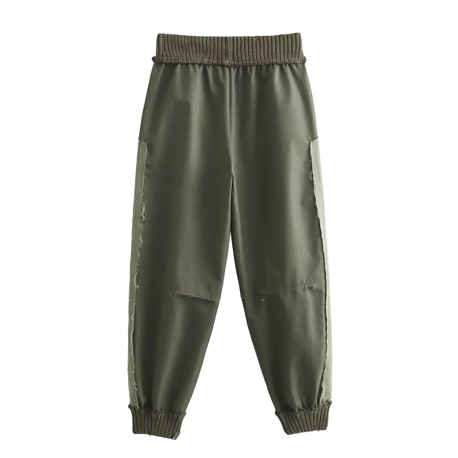 Withered American Fashion Girl Vintage Harem Knitted Nylon Pants Army Green Patchwork Casual Pants Women Trousers