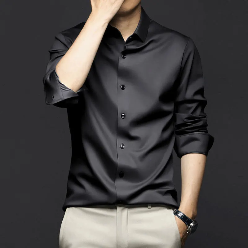 Men's Long Sleeve Shirt Wrinkle-resistant Non-iron Solid Color Business Casual Ice Silk Poplin Shirts 6XL