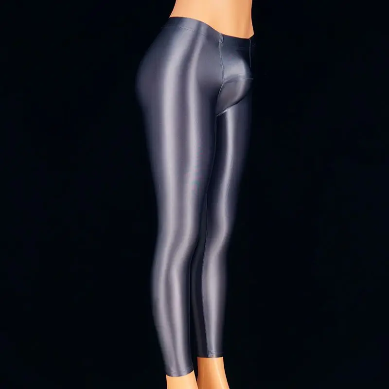 Open Crotch Glossy Leggings Men Solid Color See Through Skinny Pants Male Summer High Waist Satin Tight Leggings