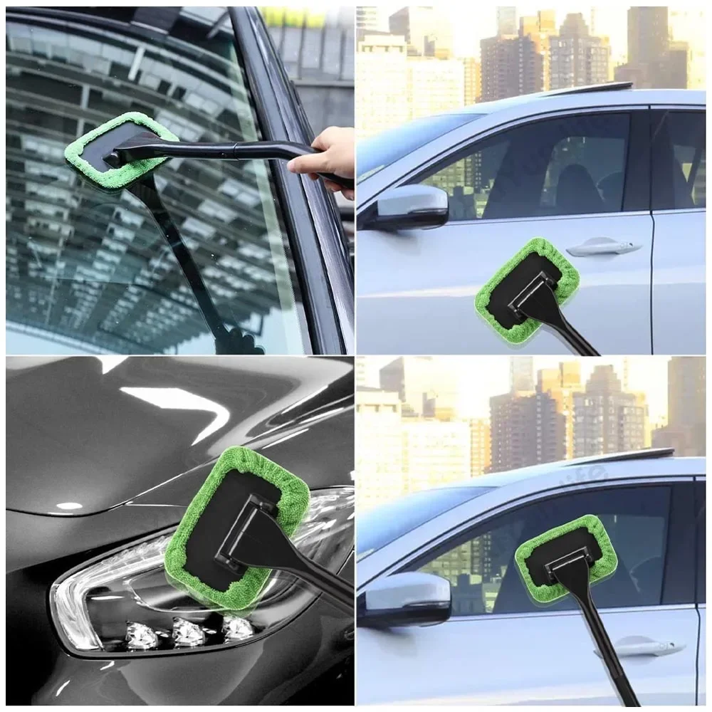 Car Window Cleaner Brush Kit Microfiber Windshield Cleaning Tool Auto Interior Glass Wash Wiper Long Handle Reusable Cloth Pad 6