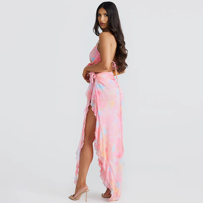 Sexy Printed Mesh Long Dress Women Lace-Up Floral Backless Hollow Out Ruffled Fashion Bandage Dress Women's Dress Summer