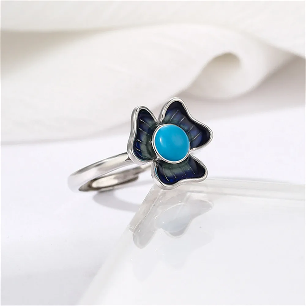 Ring Setting for 5x5mm Round Cabochons Flower Shape Ring Base White Gold Plated 925 Silver Enamel Adjustable Ring Blank RB435S
