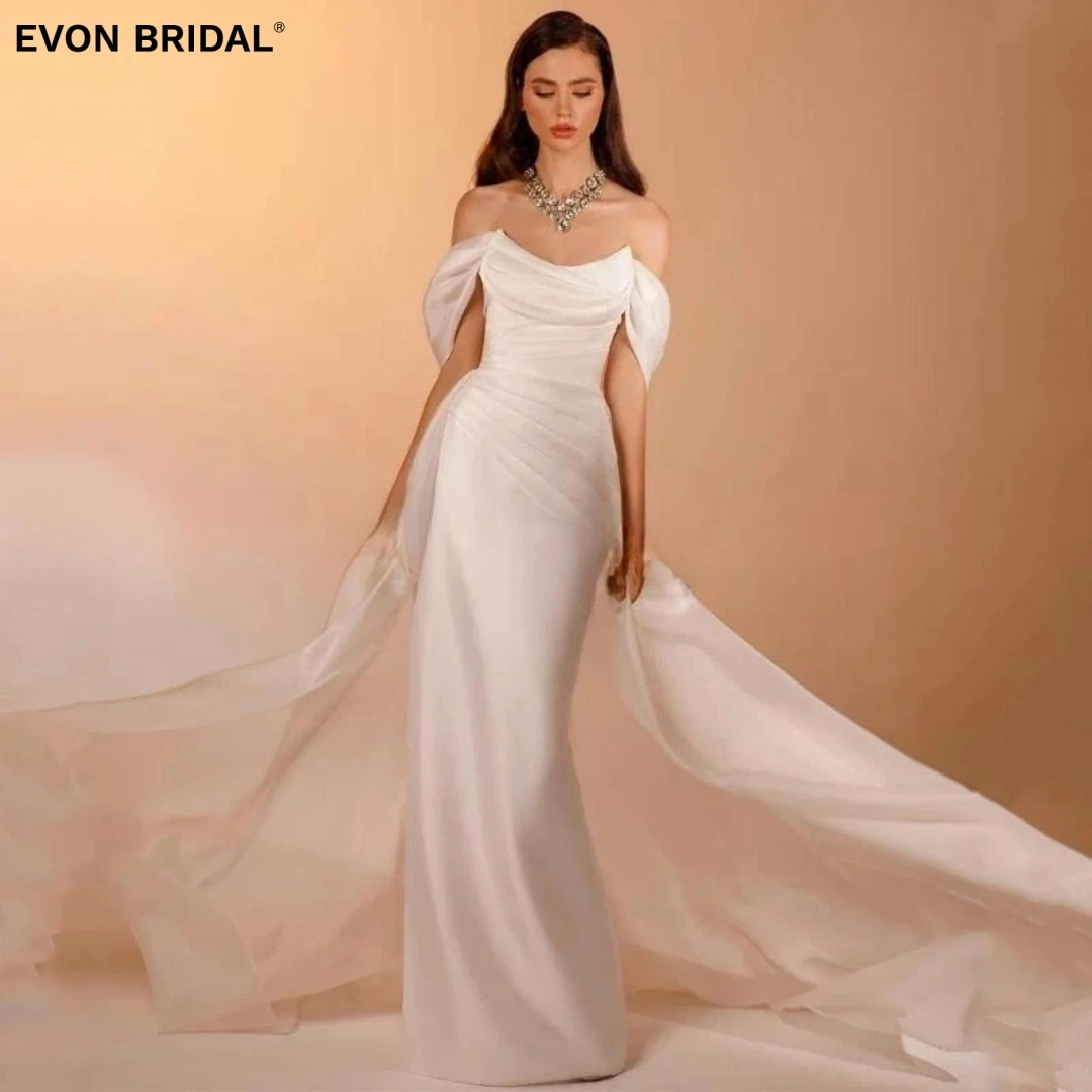 

EVON BRIDAL Simple Off the Shouder Modest Sleeveless Wedding Dresses for Women Floor Length Backless Stain Mermaid Prom Dresses