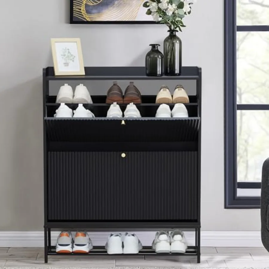 Fluted Shoe Cabinet with 2 Flip Drawers Modern Slim Shoe Storage Organizer Narrow Entryway Shoe Rack Wooden Shoe Cabinet with M