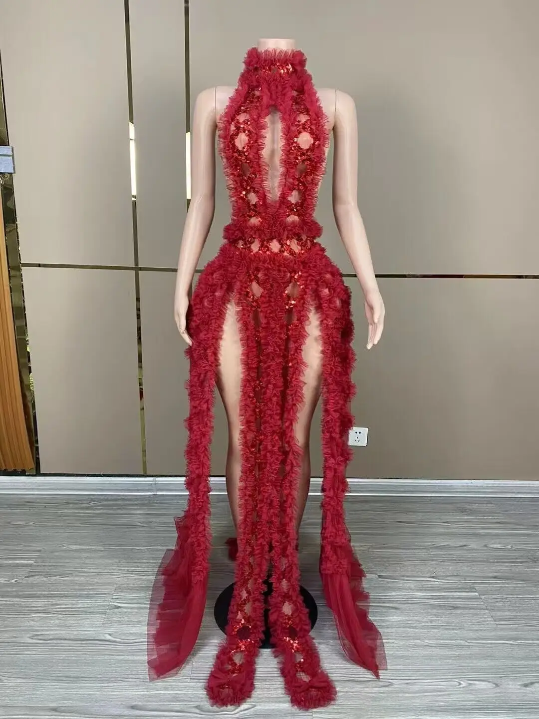 Red Mesh Sequins Sexy Hollowed-Out Halter See-Through Dress Evening Party Prom Nightclub Singer Performance Costume Stage Wear