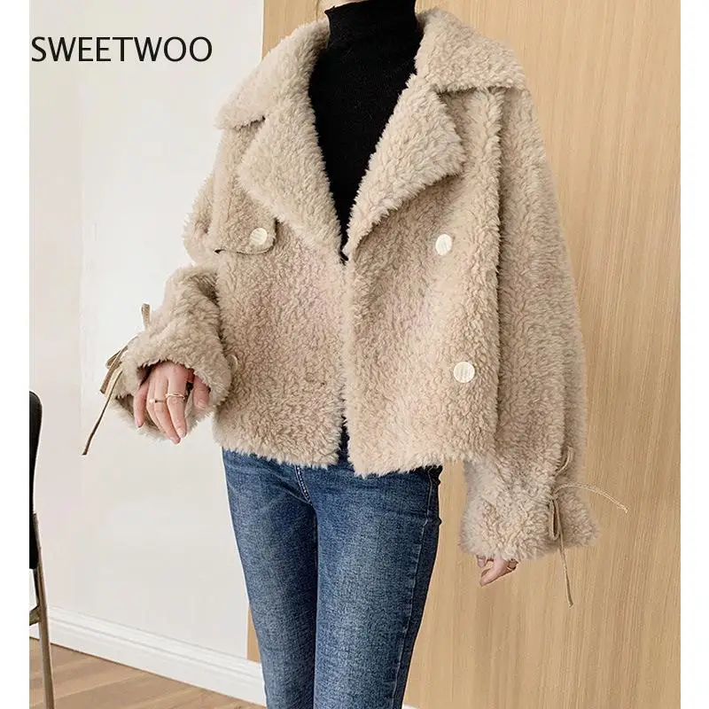 2022 New Fashion Lamb Sheep Sheared Fleece Short Coats Jackets Female Women Soft Wool Fur Warm Jackets Warm Outwear Slim Tide