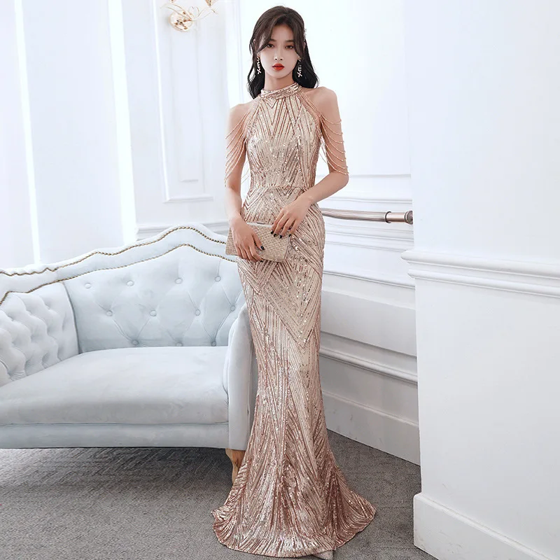 

Hong Hu Formal Evening Sling Dress For Women 2022 New Gold Skirt female elegant fishtail celebrity annual meeting host slim