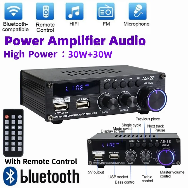

Car/Home Digital Amplifiers Audio 12V 220V HIFI Power Amplifier Bluetooth Amplifier Auto Music Subwoofer Speakers(US/EU Plug)