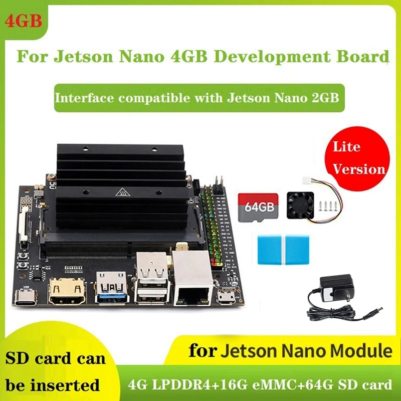 

Макетная плата для Jetson Nano 4 Гб + 16 Гб Lite DEV AI + модуль Jetsonnano + вентилятор + SD-карта 64 ГБ + кардридер + 5 В 3 А мощность