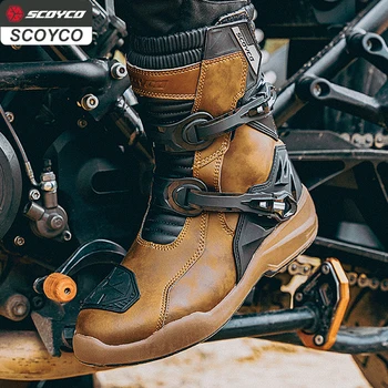 SCOYCO stivali protettivi da moto da uomo impermeabili Enduro scarpe da motociclista in pelle TPU antiscivolo Motocross Rally stivali alti