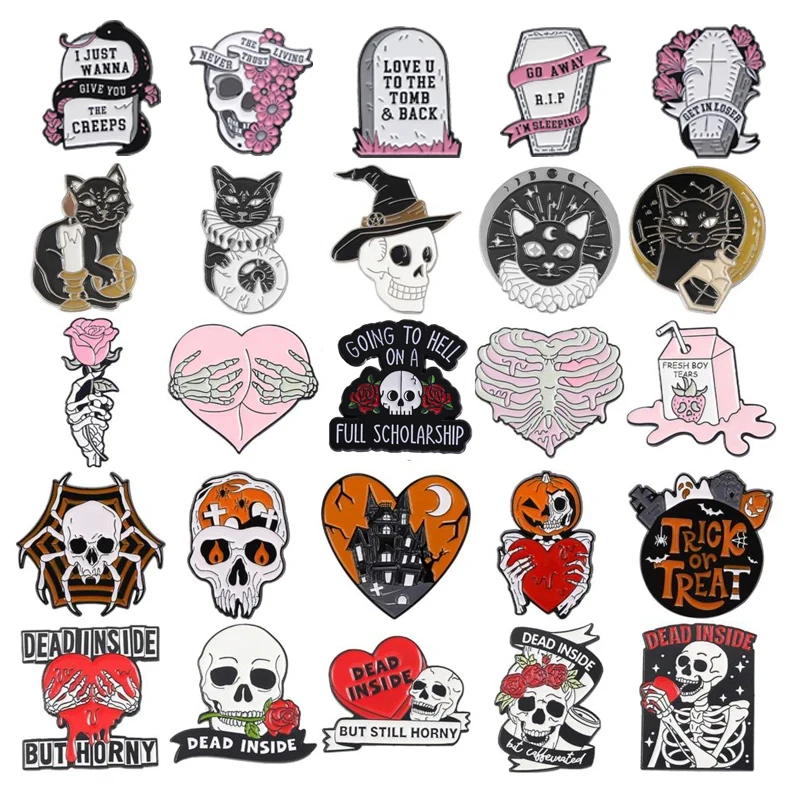 Punk Halloween Smalto Spilla Teschio Rosa Ragno Cuore Horror Scheletro Gatto Nero Horror Scheletro Distintivo Risvolto Gioielli Regalo