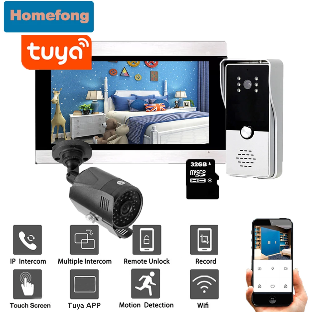 Homefong 1080P Home Intercom Wifi Video Door Phone Wireless Tuya Smart Remote Control with CCTV Security Camera Motion Record