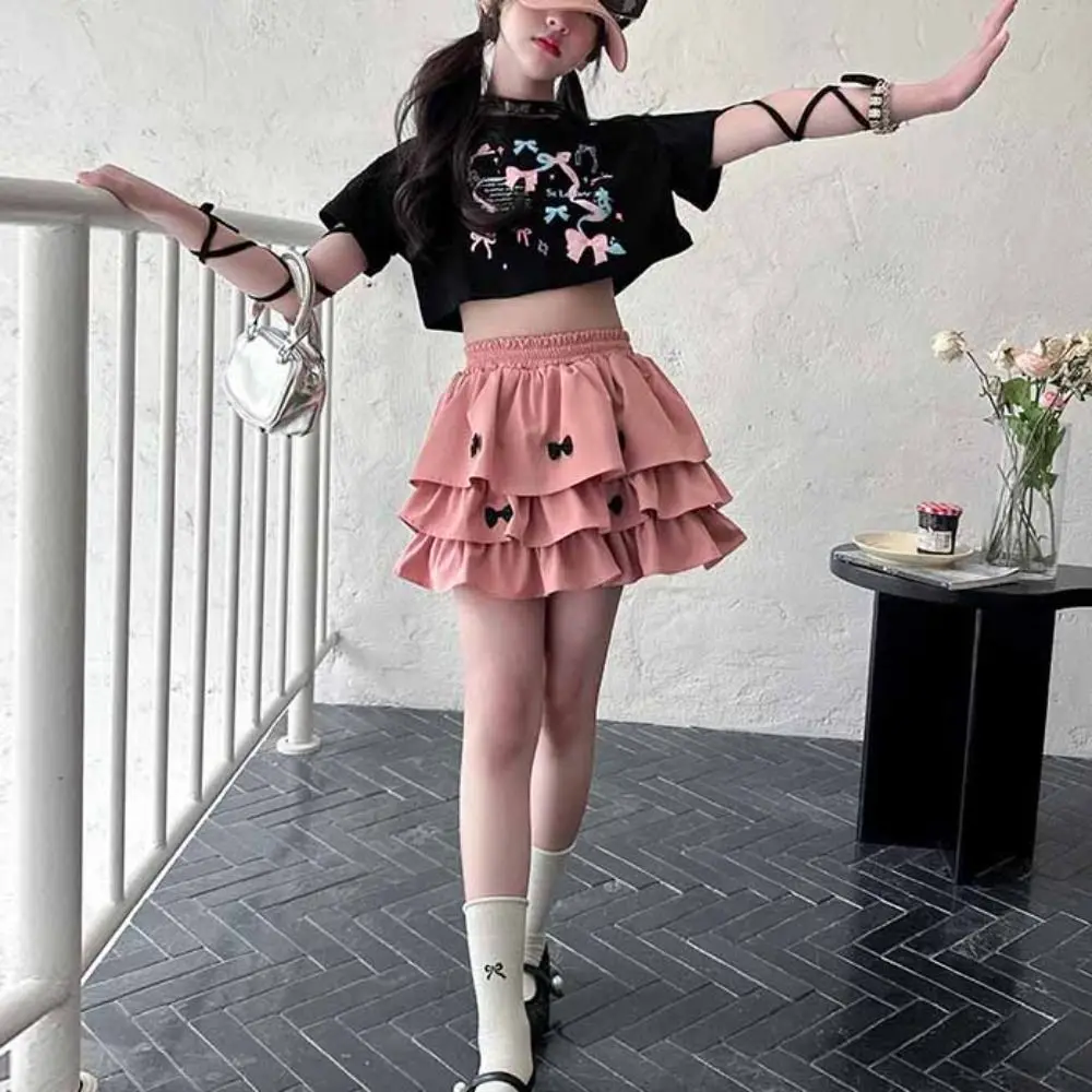 Outfits Y2K Bow Children Cake Skirt Set Pleated Slim Fit T-shirt Skirt Suit Teenagers Sweet Girls Clothes Set Summer