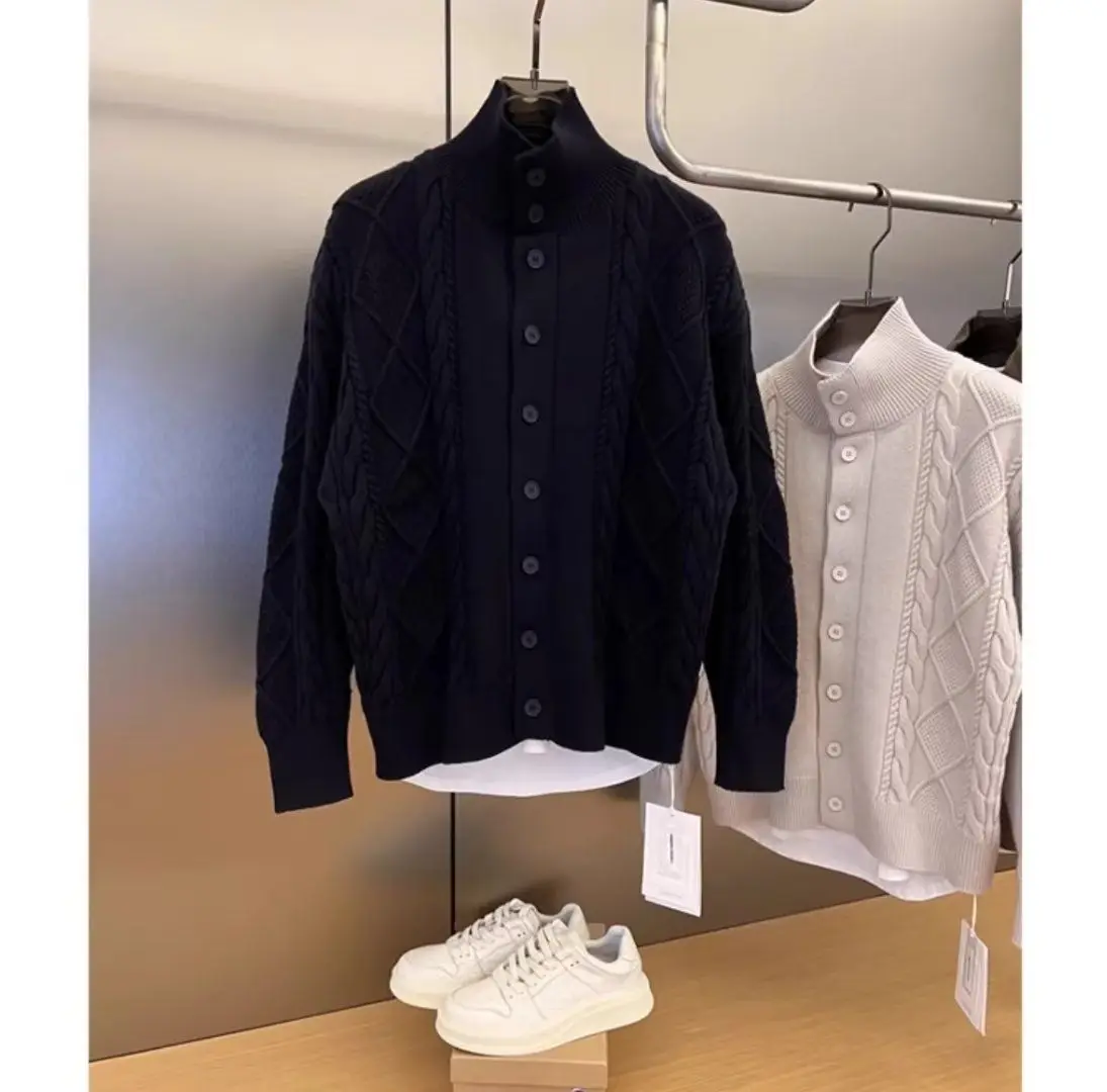 Description Picture 5 of itemAutumn Winter Twist Knitted Solid Color Cardigan Men's Loose Casual Stand Collar Sweater Jacket Solid Color Single-breasted Tops