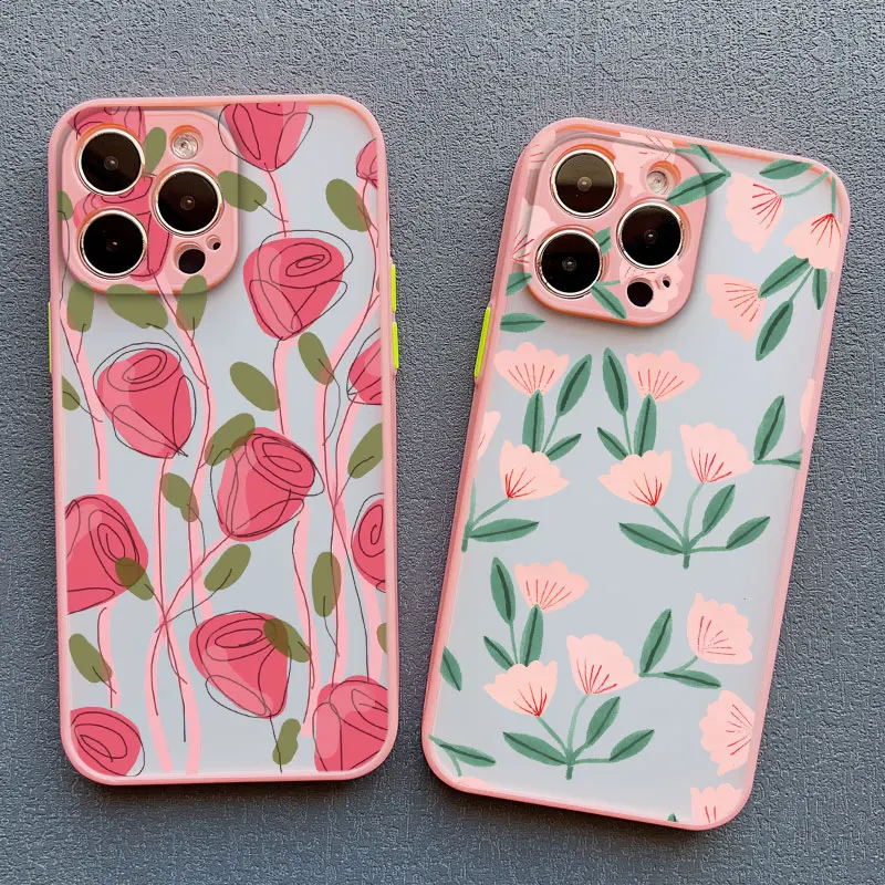 Kunst flache Blumenmuster Schutzhülle für iPhone 16 15 14 Pro Max Plus 11 12 Mini 13 Pro Max 7 8 Plus XR XS Rückseite – Detail 13