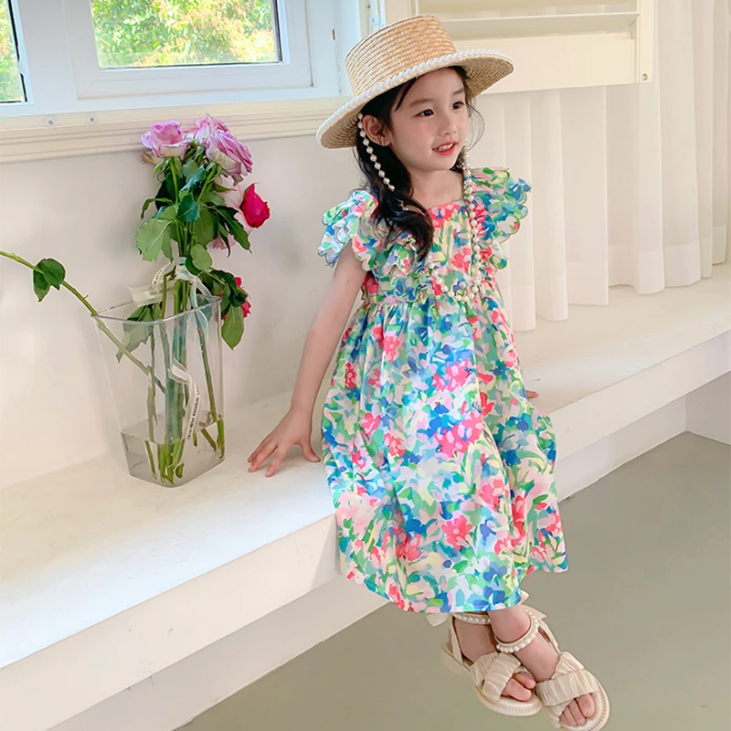 Girls Dress Summer Kid Foral Print Ruffles Square Neck Princess Style Fashion Casual Breathable Picnic Costume girls dress princess costume kids clothes