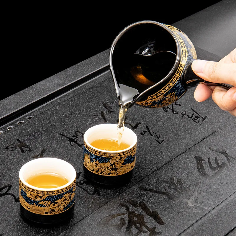 Stone mill lazy semi-automatic tea set set Qingming river map home kung fu tea maker sea cup