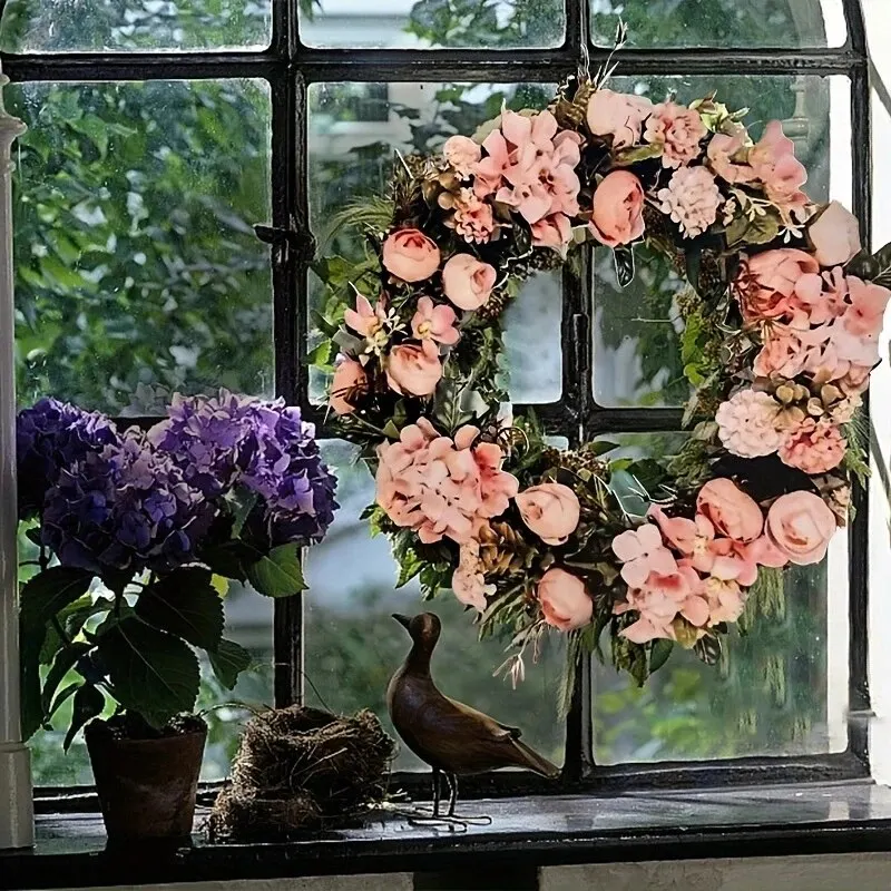 Metal Door and Window Wreath 1pc 12 Inch Door Wreath Outdoor Year round Metal Colorful Flower Front Front Wall garden art decor
