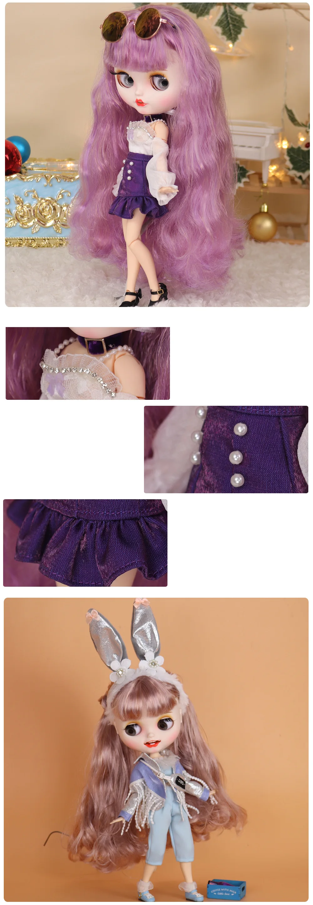 Outfits For ICY DBS Blyth Doll Rock Bunny Idol Dress With Glasses Fashion Suit 1/6 BJD Ob24 Cosplay Anime Girl