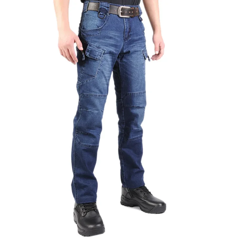 Training Tactical Denim Pants Men Loose Elastic Trousers