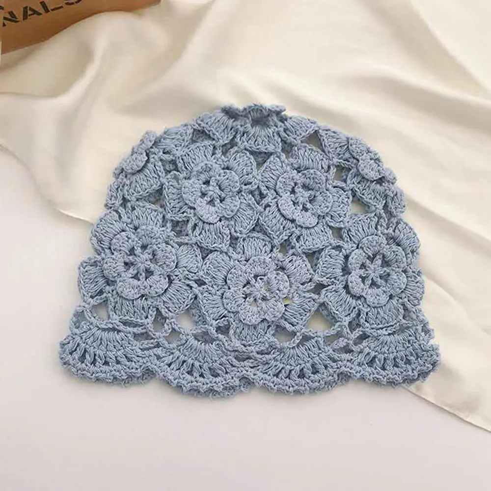 Atmungsaktive ausgehöhlte Baotou-Mütze, lässige handgefertigte Strickmütze, Blumen, Frühlings- und Sommermütze für Damen – Detail 6