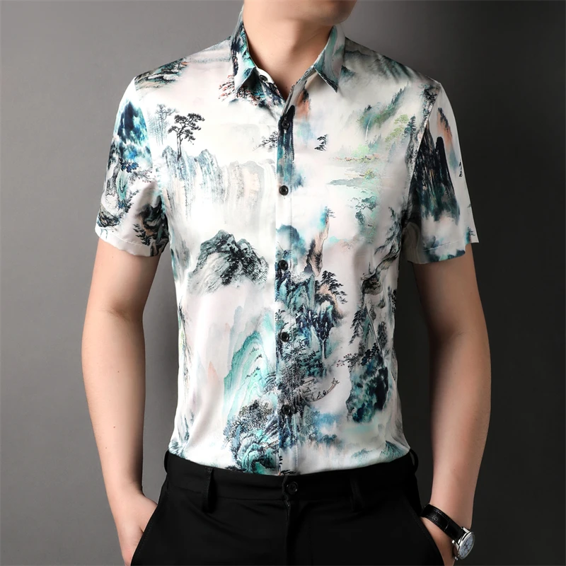 

Мужская рубашка с коротким рукавом, мягкая удобная шелковая рубашка с 3D-принтом, лето