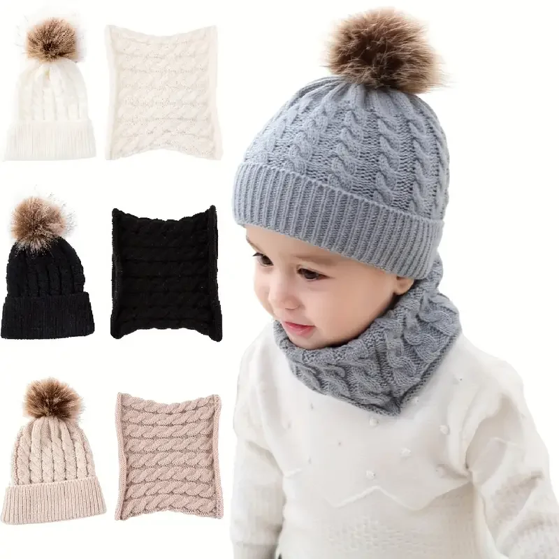 2pcs/set Children's Woolen Hat & Neck Scarf Set, Winter Solid Color Outdoor Cycling Thickened Warm Knitted Hat - Image 6