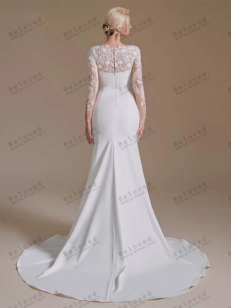 Classic Wedding Dresses Satin Bridal Gowns Lace Appliques Full Sleeves Modest Sheath Mermaid Vestidos De Novia Customized 2025 4