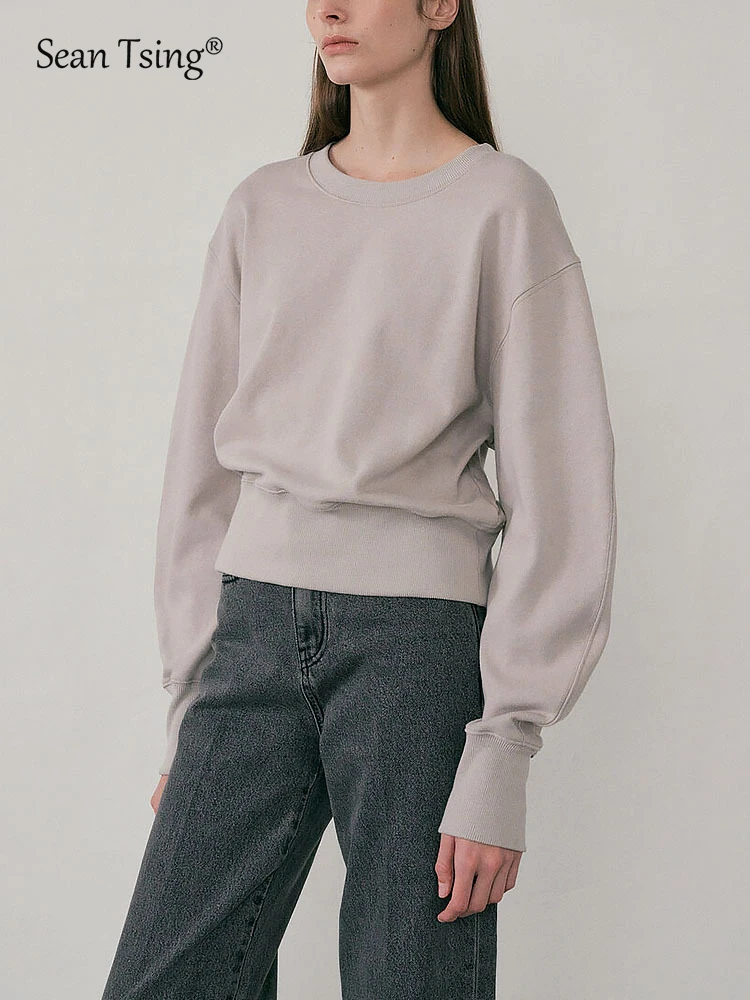 

Sean Tsing® 2023 Spring Sweatshirts Women Fleece Warm Long Sleeve Solid Color Pullovers Casual Stylish Fashion Short Blouse