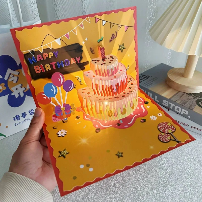 Spring Blue Birthday Card Music Cake Handmade 3D Three-dimensional Hollow High-end Birthday Gift for Friends