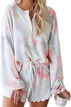 

Womens Tie Dye Printed Ruffle Short Lounge Set Long Sleeve Tops and Shorts 2 Piece Pajamas Set Sleepwear Two Piece Set Summer