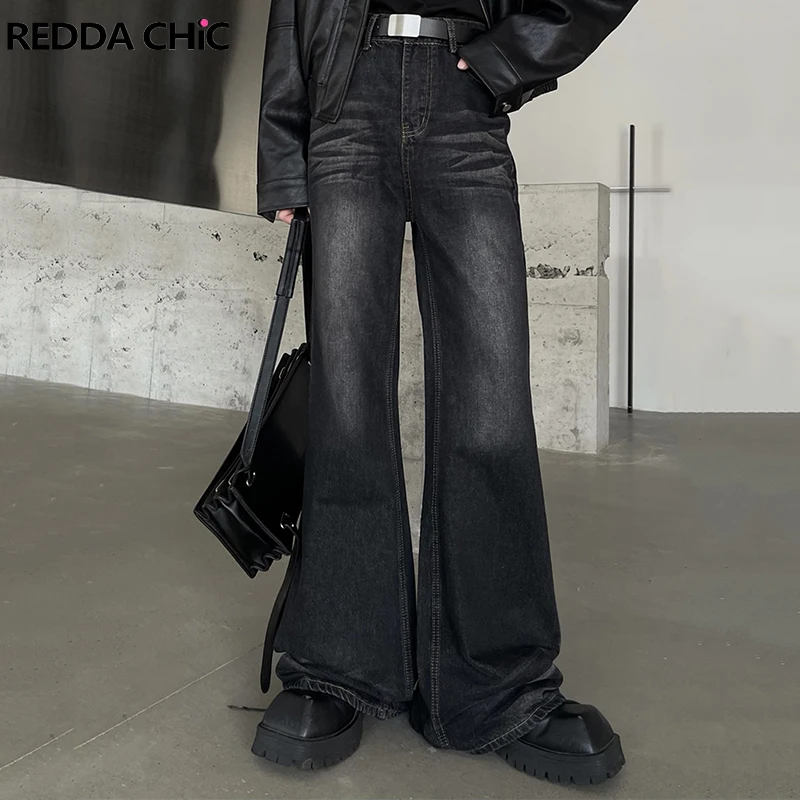 

EDDACHIC Acubi Fashion Men Brushed Black Flare Jeans Harajuku Loose Fit Casual Wide Leg Bootcut Pants Y2K Vintage Bell Bottoms