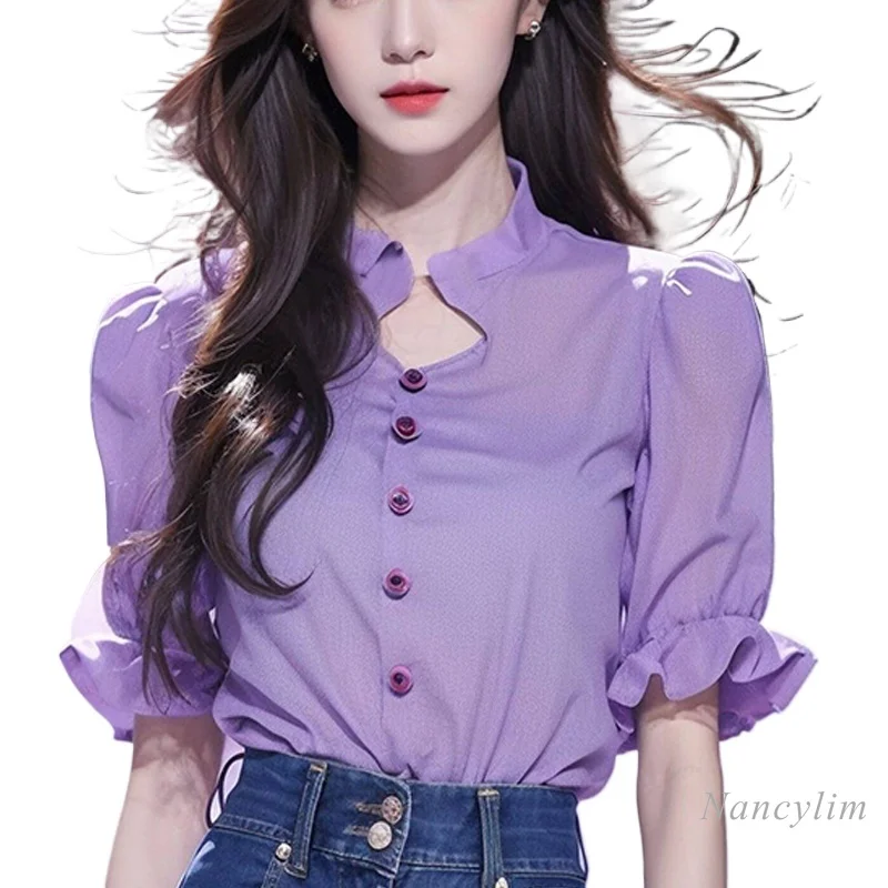 

Short Sleeve Purple Shirt Top Women's Summer Chiffon Blouse 2024 New Design Sense Ruffled Sleeves Unique Travel Top