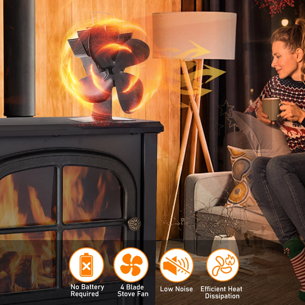 Blade Heat Powered Stove Fan Black Fireplace Fan komin Log