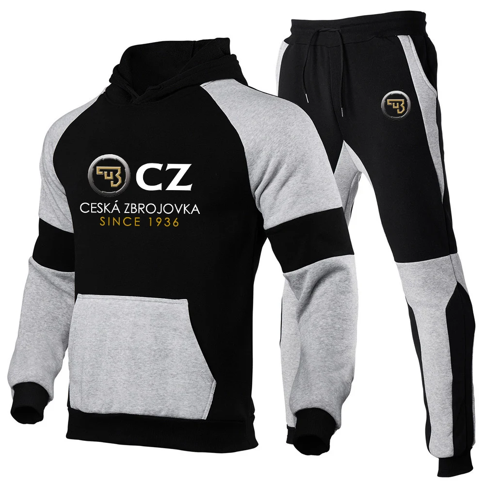 2023 Spring Autumn Men's CZ Ceska Zbrojovka Czech Firearms Logo Printed Patchwork Hooded Pullover+Drawstring Sports Trousers Set