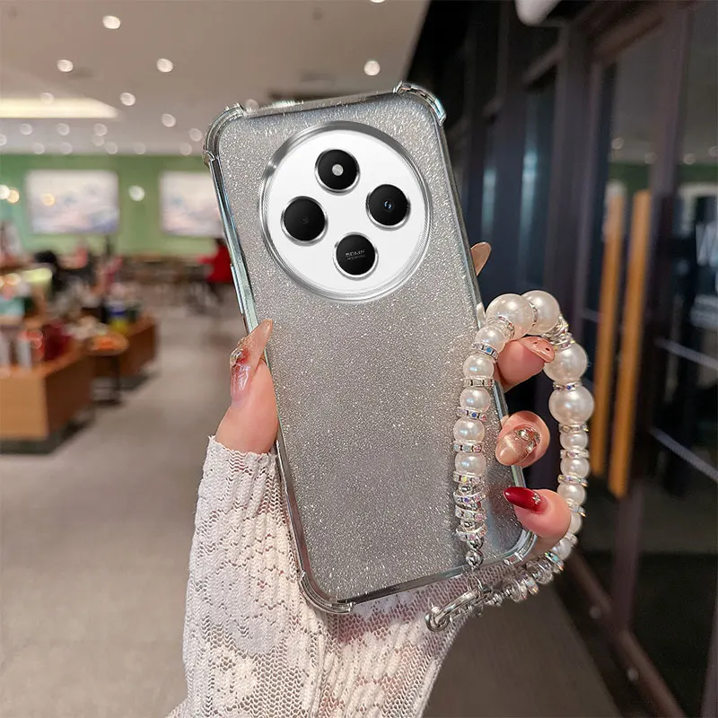 Gradient Glitter Shockproof TPU Phone Case with Luxury Pearl Chain Wrist Strap