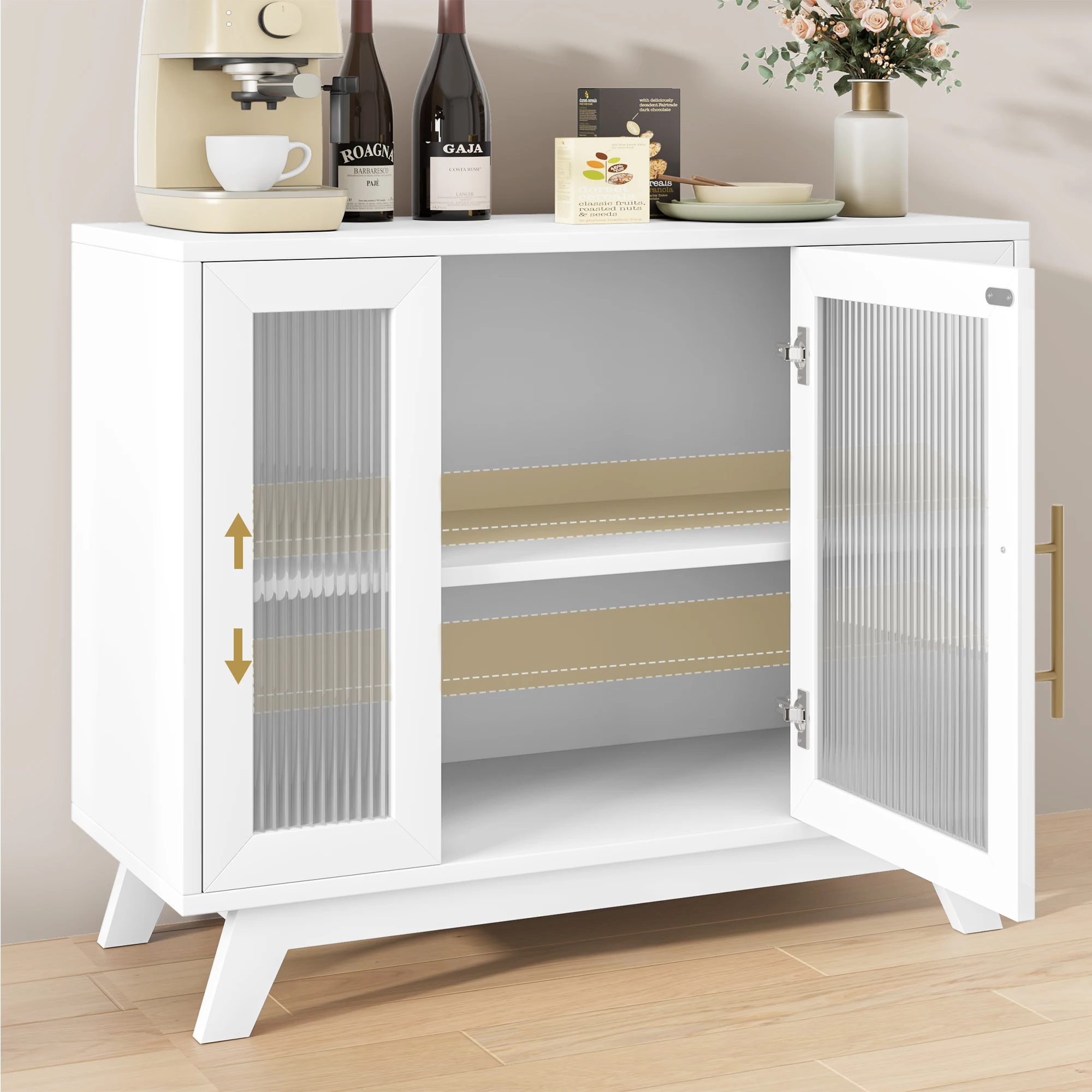 Sideboard Buffet Cabinet with Fluted Glass Door, 36" Modern Accent Storage Cabinet with 2-Tier Storage, White Coffee Bar