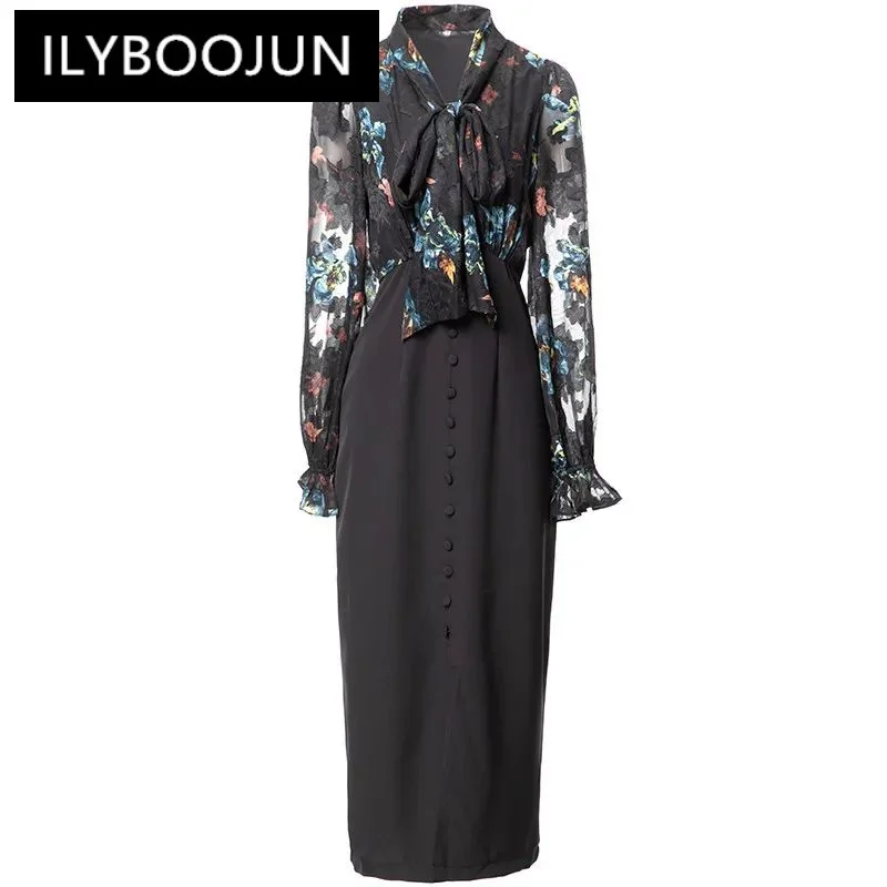 

ILYBOOJUN Fashion Women's New Scarf Collar Lantern See-Through Long-Sleeved Vintage Printed Patchwork Pencil Hip Wrap MIDI Dress