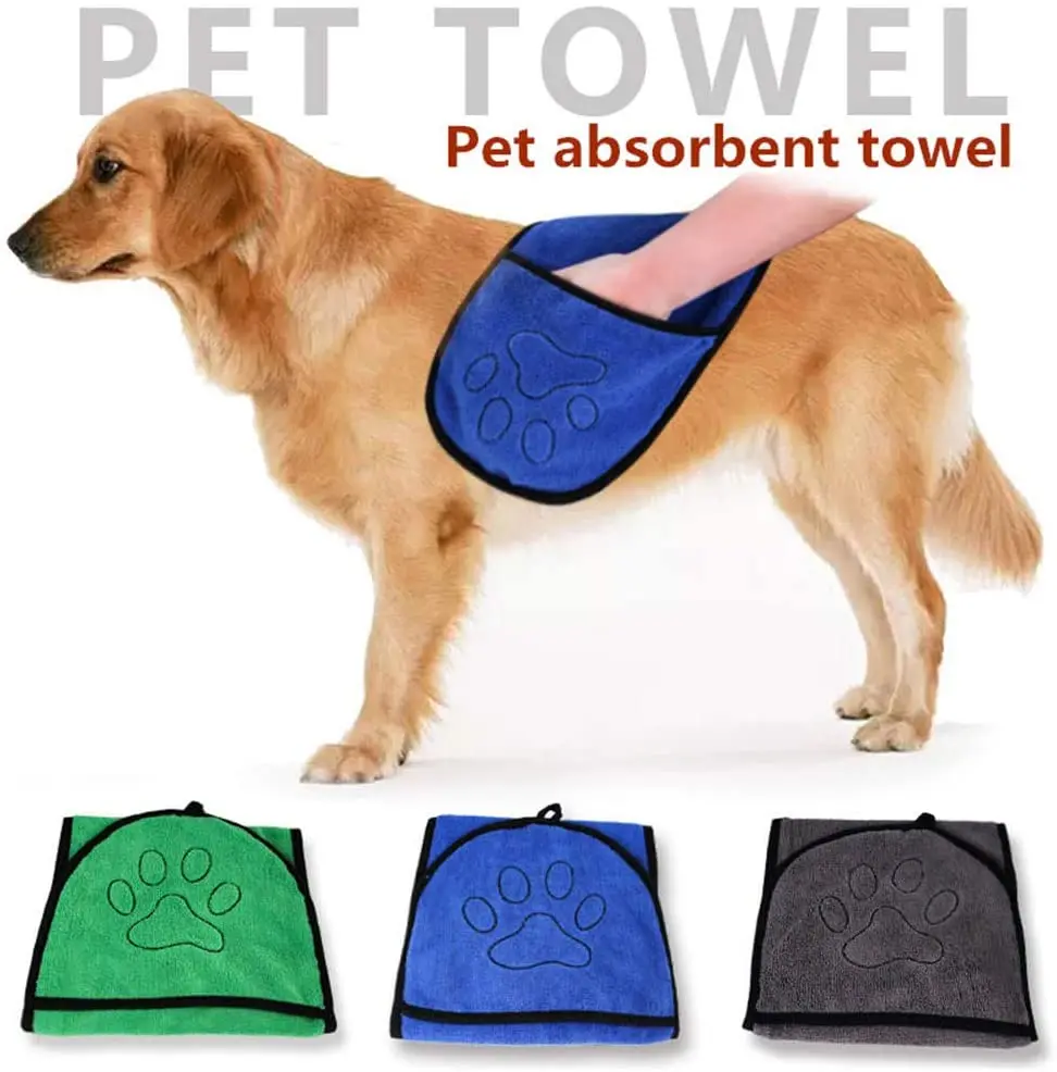 Pet Bath Towel Absorbent Thick Cat Dog Bath Towel Bathrobe Soft Blankets With Pocket Quick-drying For Small Medium Large Dogs