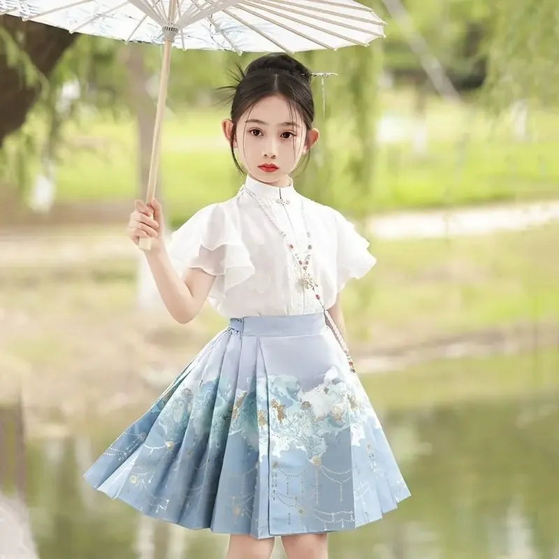 

Популярная юбка в виде лошади для девушек, новинка 2024, летний костюм ханьфу в китайском стиле с короткими рукавами, платье для косплея в старинном стиле Тан