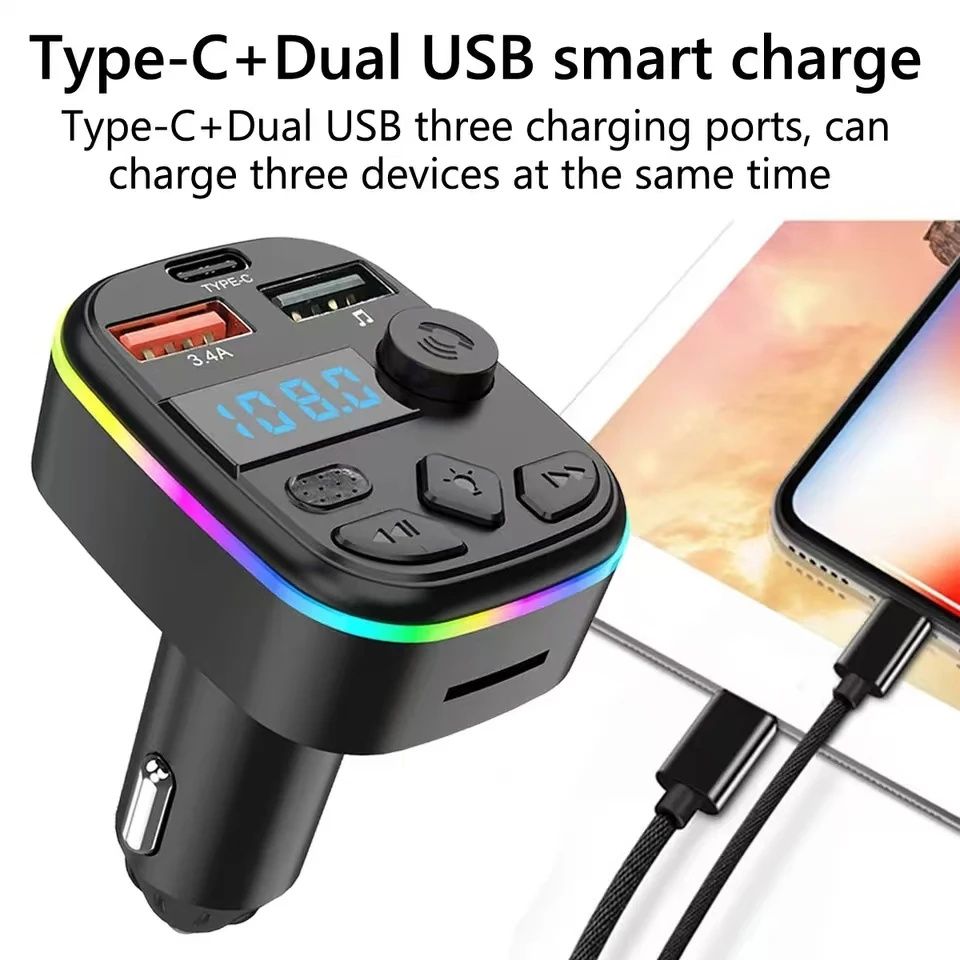 Car Charger FM Transmitter Support TF Card U Disk Car MP3 Player Dual USB Type C Cell Phone Charging Hands Free Wireless Kit