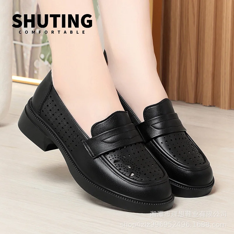Summer New Fashion Cute Round Toe Soft Sole Non-slip Hollow Single Shoes Breathable Casual Soft Leather Women's Shoes