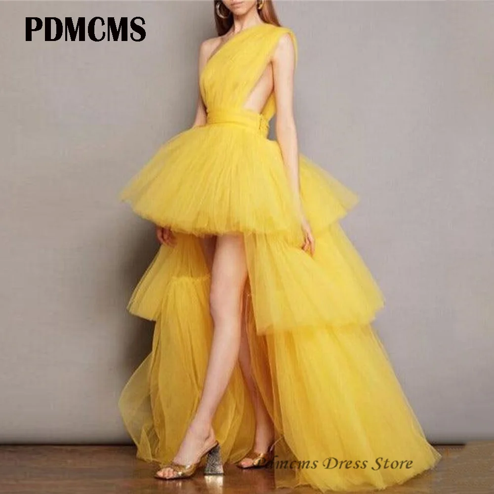 

Fashionable Layered Yellow Tulle Swallowtail Dresses Women High Low One Shoulder Prom Gowns Design Cocktail Evening Party Dress