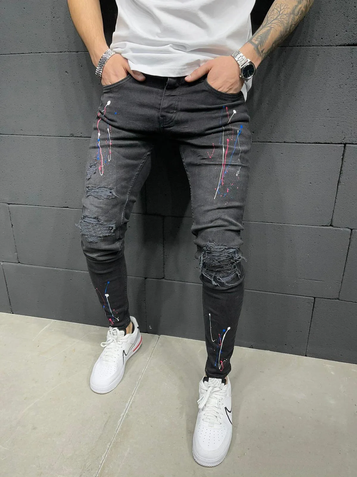 Men Spliced Pencil Pants Denim Ankle Length Jeans Print Pockets Streetwear Mid Waist Washed Distressed Ripped Skinny Vintage